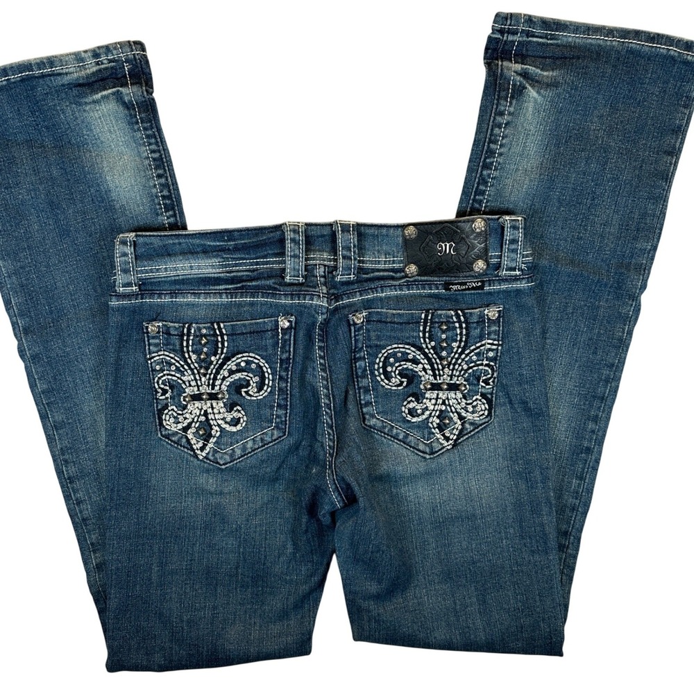 Miss Me JP4369-5 Bootcut Jeans Blue Distressed Fleur De Lis Embellished Size 30